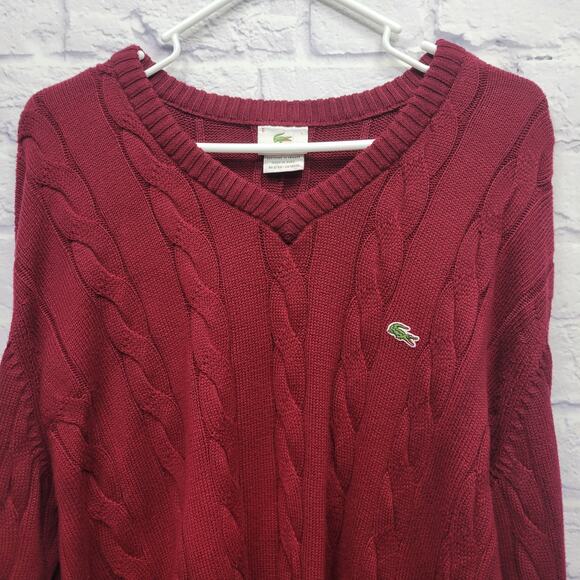 VTG Lacoste Cable Knit Sweater XL+ V-Neck Burgundy Retro Preppy Skater Academia - Picture 2 of 9